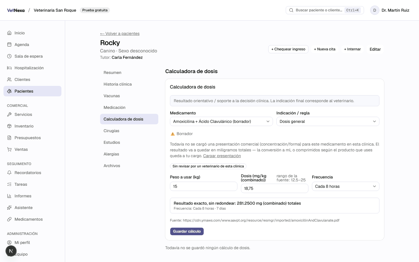 Calculadora de dosis de VetNexa, con el resultado exacto sin redondear y su fuente citada